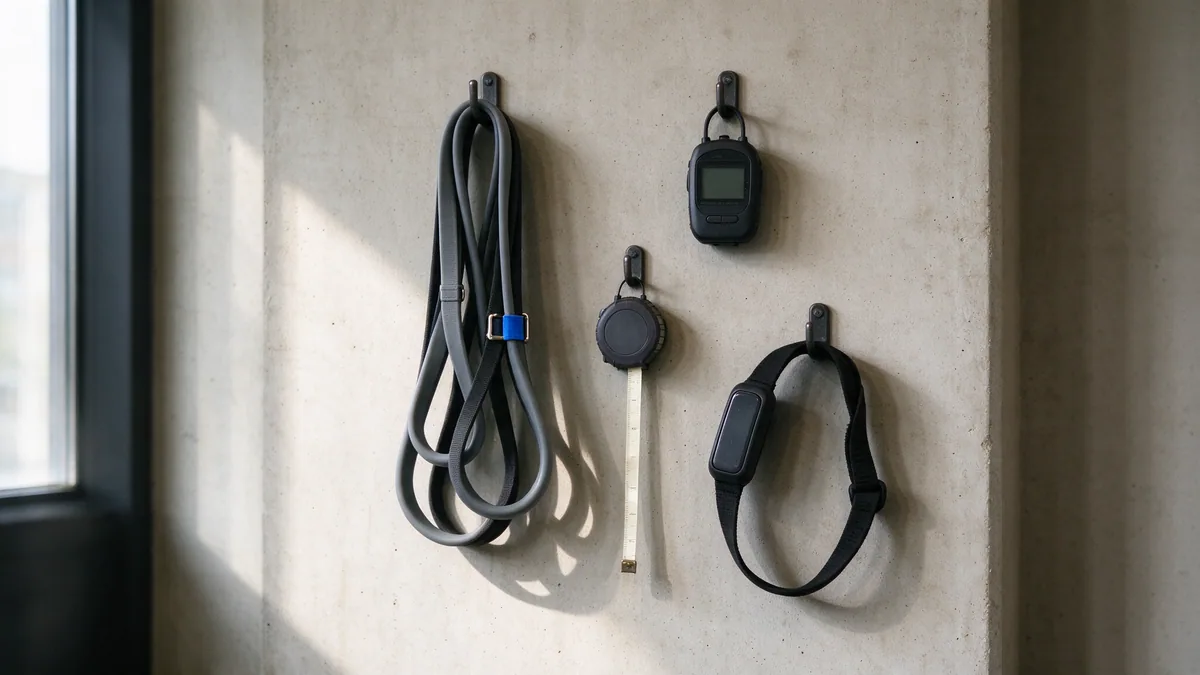 Coaching tools hanging on a bright studio equipment wall