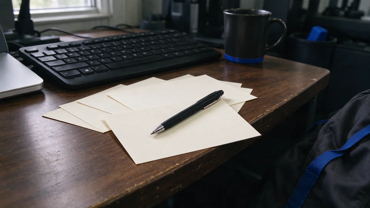 Blank index cards and a pen beside a keyboard