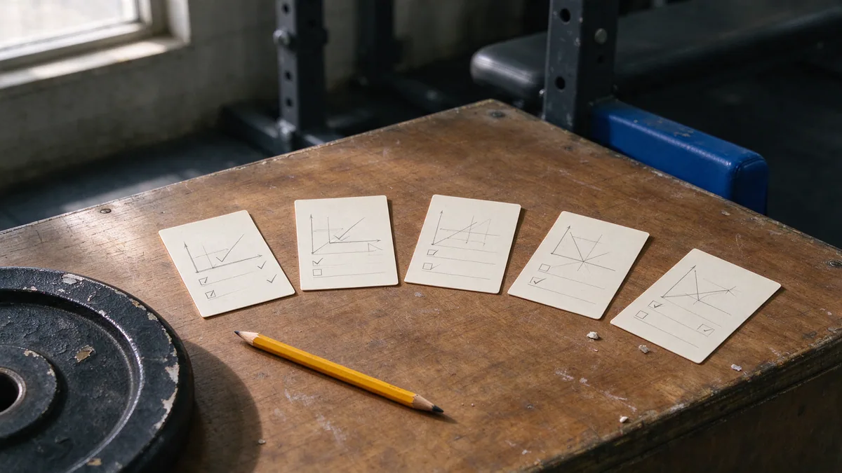 Five paper planning cards laid out beside a gym weight plate