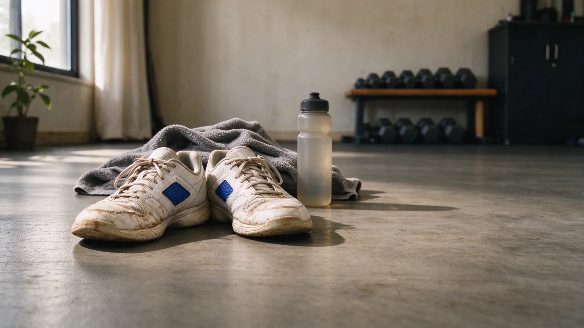 Worn training shoes waiting at the edge of a studio floor