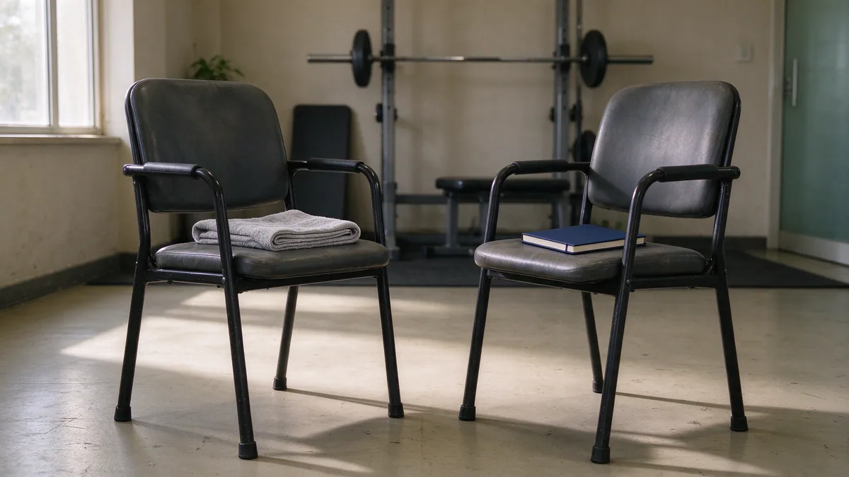 Two chairs set for a conversation in a quiet training studio