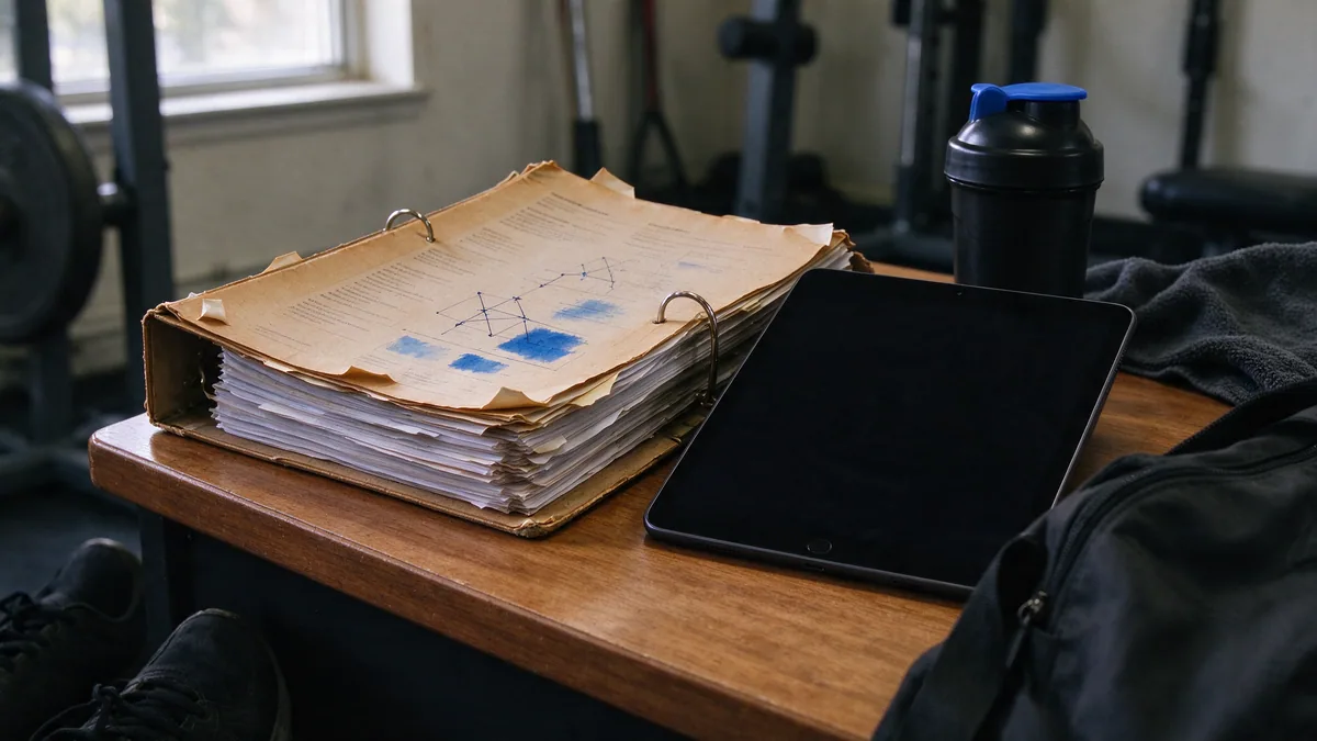 An older paper workout binder beside a modern tablet with its screen off