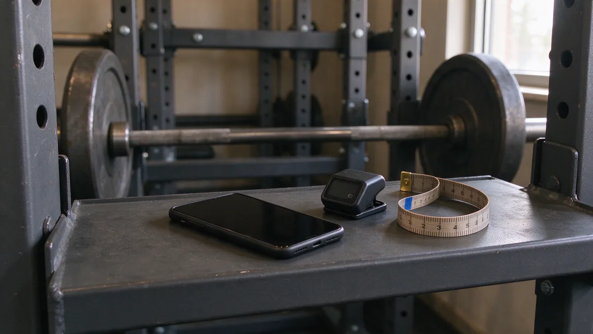 A phone and measuring tape on a weight-rack shelf
