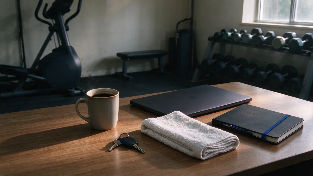 An early morning coaching desk with coffee, keys, and workout notes