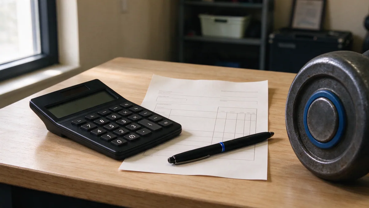 A calculator and blank invoice beside training equipment