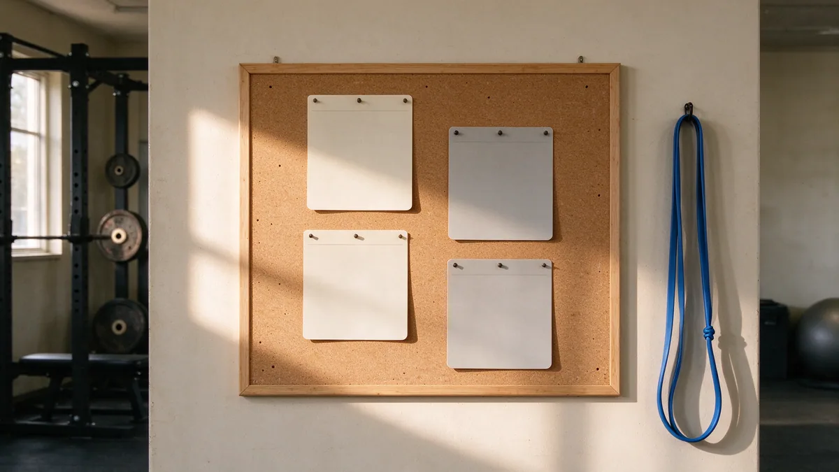 Blank weekly planning cards pinned on a coaching studio board