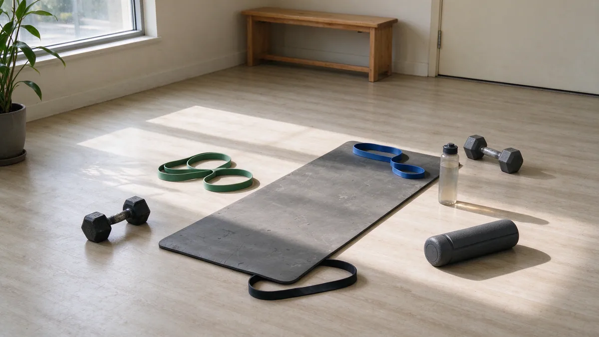 Training mat, bands, and dumbbells set up for a client session