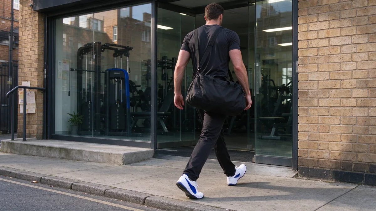 A trainer carrying a gym bag toward a sunlit studio entrance