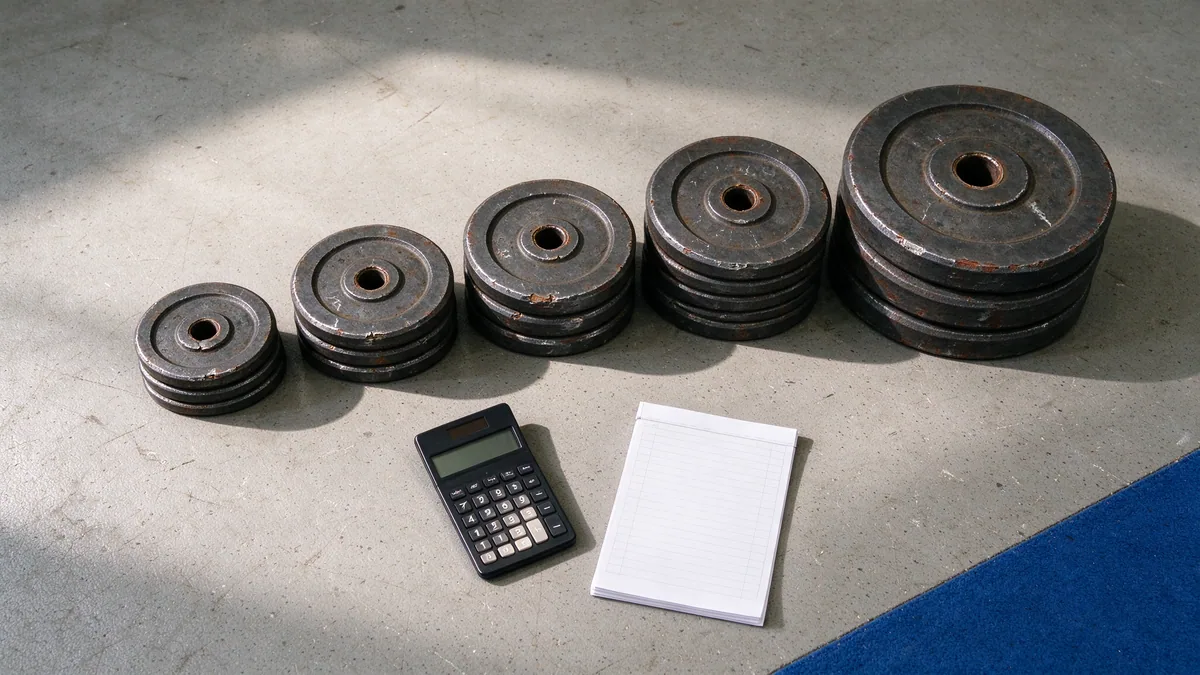 Weight plates in ascending stacks beside a calculator